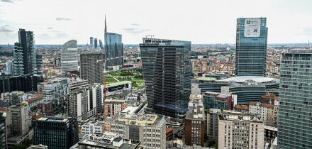 Milan, Italy - June 7, 2023: an aerial view of the new Porta Nuova district of downtown Milan.
