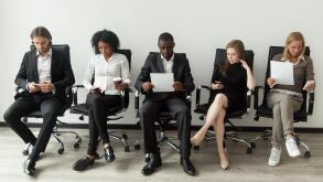 Nervous stressed job applicants preparing for interview waiting 