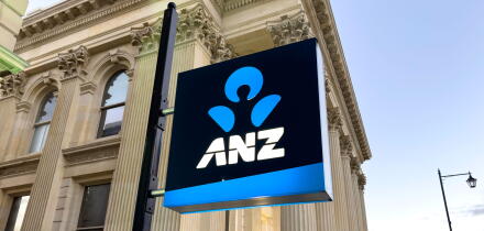ANZ Bank sign at dusk, Thames Street, Oamaru (Te Oha-a-Maru), Otago Region, South Island, New Zealand
