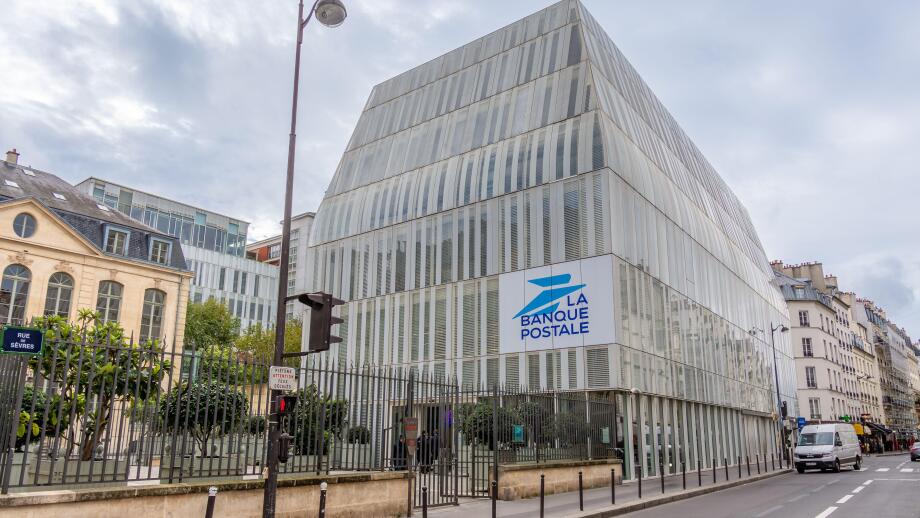 Exterior view of the Banque Postale headquarters building. La Banque Postale is a French public bank, subsidiary of the La Poste group