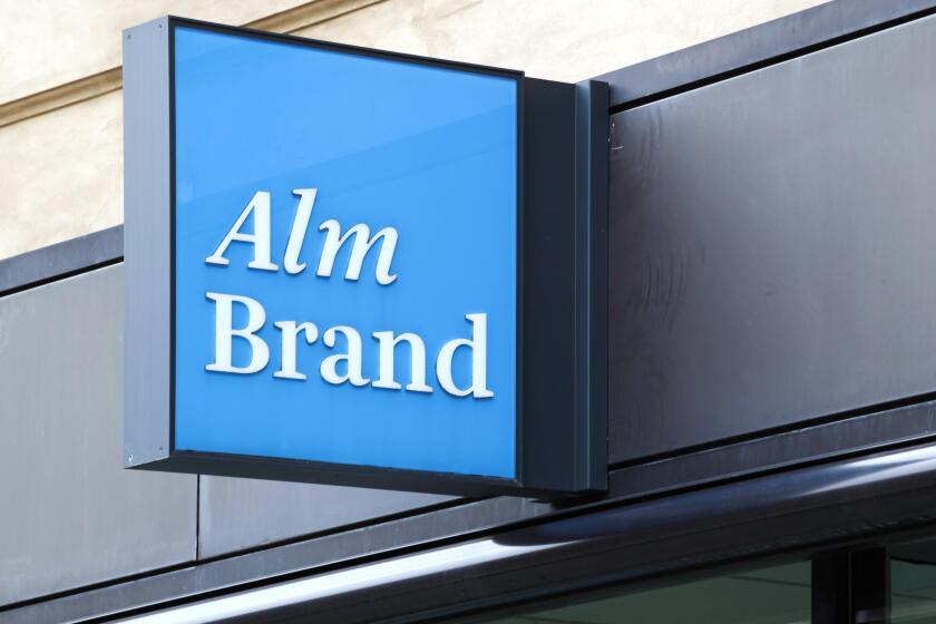 Copenhagen, Denmark - August 28, 2018: Alm Brand logo on a wall. Alm Brand a Danish financial services group