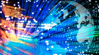 Compositing with globe, fiber optic program code and binary numbers