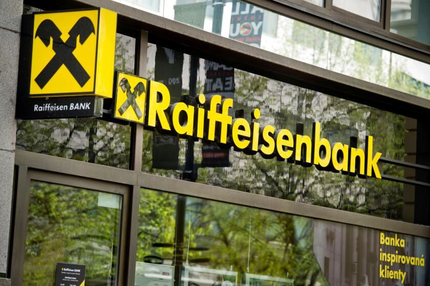 ***FILE PHOTO*** The Raiffeisenbank logo pictured on April 7, 2016, in Prague, Czech Republic. *** Raiffeisenbank saw its net profit in the Czech Repu