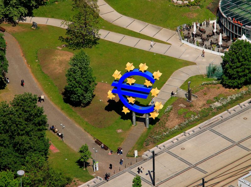 Aerial view, euro sign, European Central Bank, ECB, Frankfurt am Main, Hesse