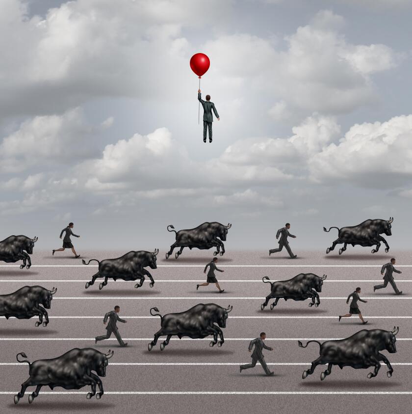 Escape the bull market and investing timing concept as an investment strategy symbol as bulls and shareholders running in an economic crisis.