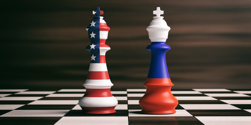 USA and Russia flags on chess kings. 3d illustration