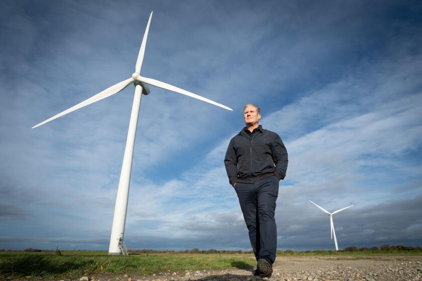 Labour Party leader Sir Keir Starmer visits an on-shore wind farm near Grimsby in Lincolnshire where the Labour leader announced he will expand on the Party?s plan for clean power by 2030, which includes doubling the amount of onshore wind farms and quadr