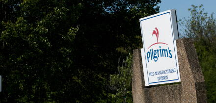 A logo sign outside of a facility occupied by Pilgrim's Pride in Harrisonburg, Virginia on May 13, 2020.