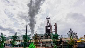KARDEMIR, TURKEY - JULY 15, 2019: Panoramic view of Kardemir Karabuk Iron and Steel Factory.  The coal tower on coke and metallurgical plant. Karabuk,