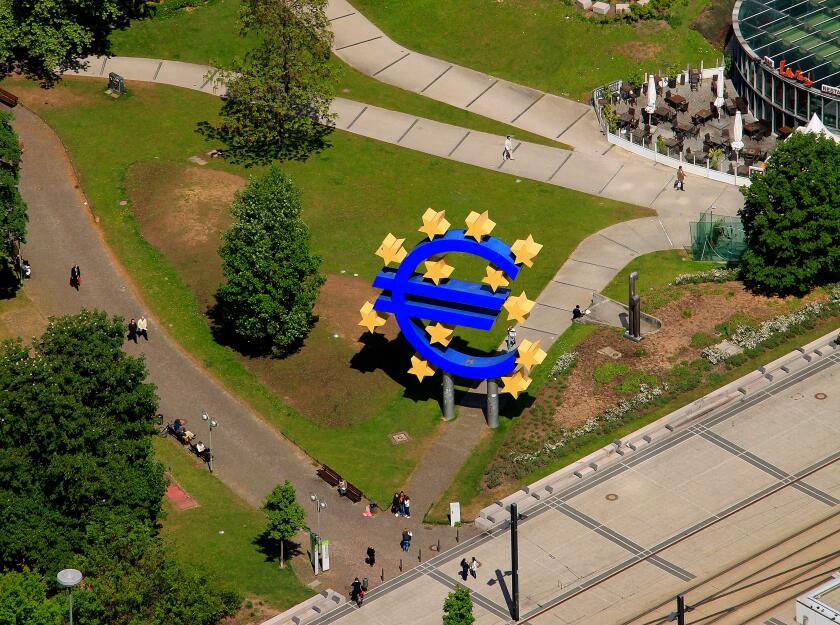 Aerial view, euro sign, European Central Bank, ECB, Frankfurt am Main, Hesse