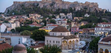Night view of Monastiraki Square and the Acropolis in Athens, Greece