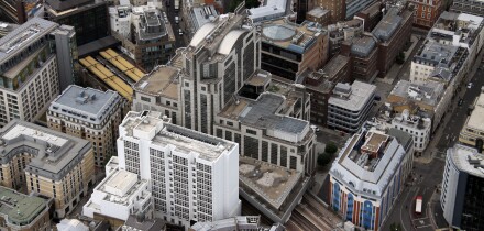 aerial view of approach to Fenchurch Street Station, with Cooper's Row and Vine Street, London EC3