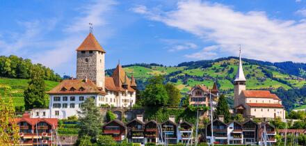 Spiez, Switzerland. Spiez castle by Thun lake in the Berner Oberland.