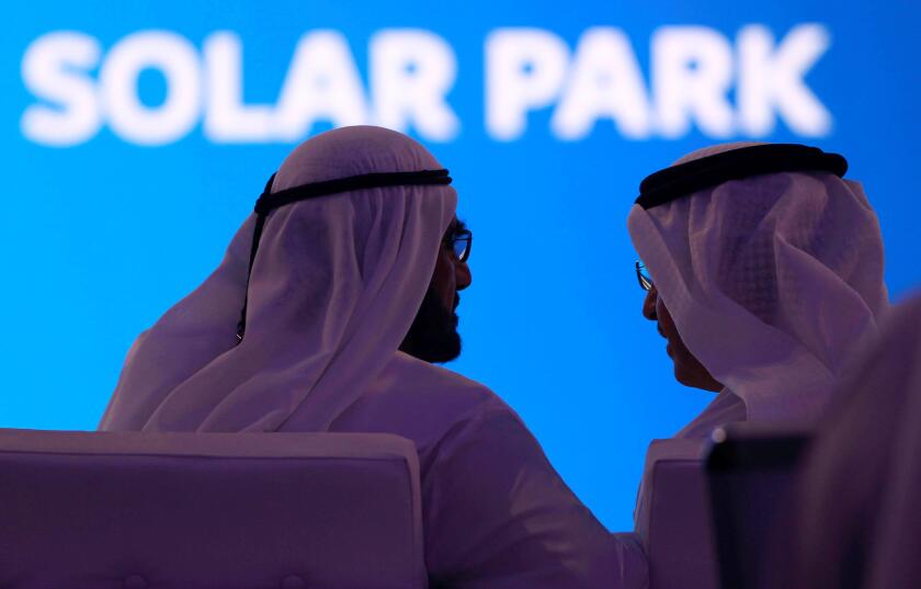 Sheikh Mohammed bin Rashid al-Maktoum, Prime Minister and Vice-President of the United Arab Emirates and ruler of Dubai, and Saeed Al Tayer, Chief Executive Officer of Dubai Electricity and Water Authority (DEWA) attend the groundbreaking ceremony of the 