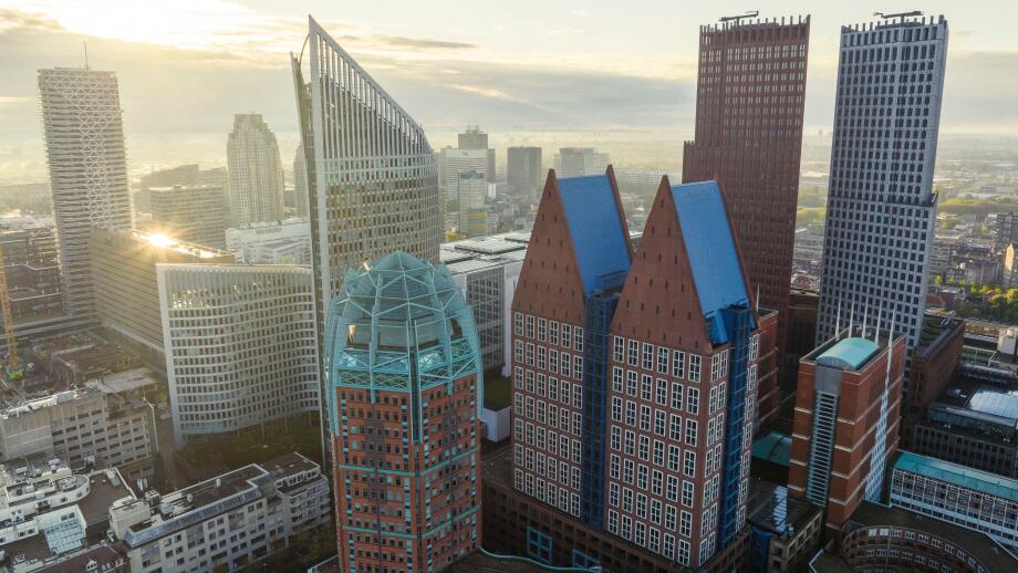 Den Haag, Holland. Business center of The Hague, Netherlands. Cloudy Morning in Summer day, Aerial Drone View.