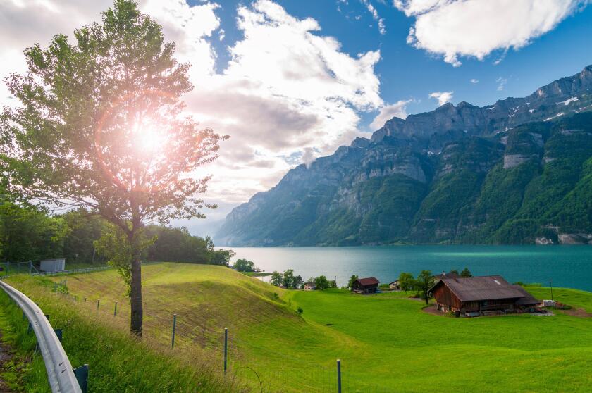 Beautiful lake in Switzerland. Sunny morning at the Swiss countryside.