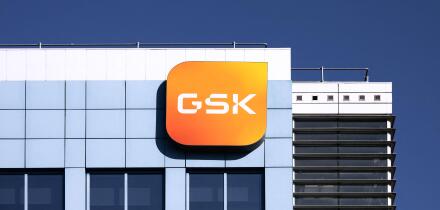 Poznan, Poland - May 6, 2025: GSK plc logo on an office block - GSK, also known as GlaxoSmithKline, is a British multinational pharmaceutical company.
