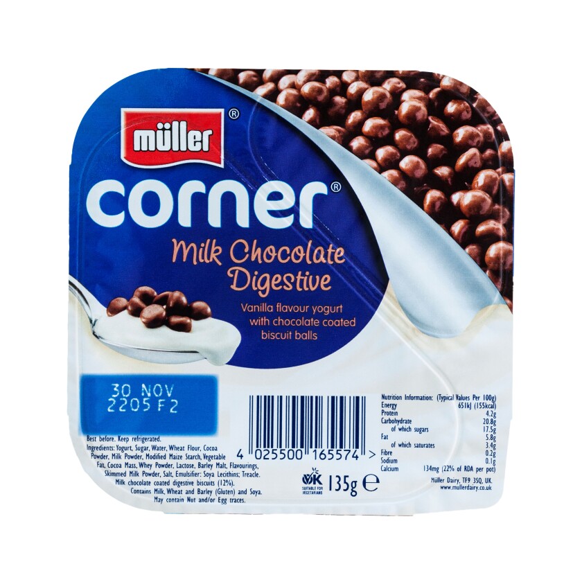 A Muller corner yogurt on a white background