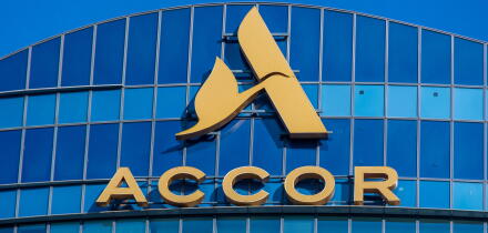 Sign on top of the Sequana tower, headquarters of Accor, a French hotel group with a worldwide presence, Issy-les-Moulineaux, France