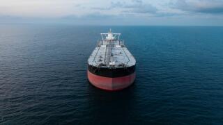 Aerial view of a large crude oil product tanker ship in the Strait Of Hormuz transporting oil and petroleum products around the world