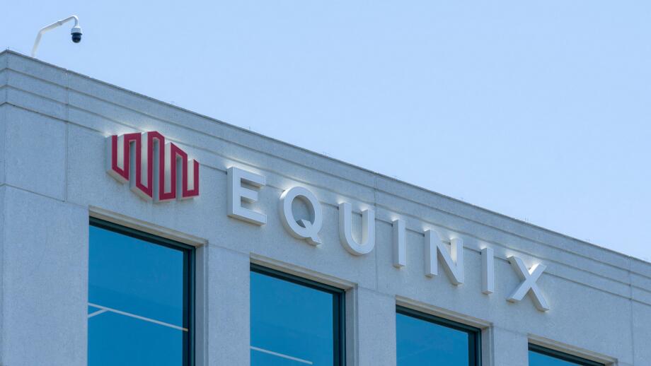 Close up of Equinix logo sign on the building at its headquarters in Redwood City, California, USA.
