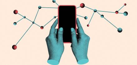 Contemporary collage. Hands holding smartphone with connected network nodes