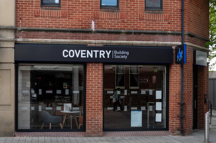 Swindon, United Kingdom - May 04 2019:   The entrance to Coventry Building Society branch on Regent Street
