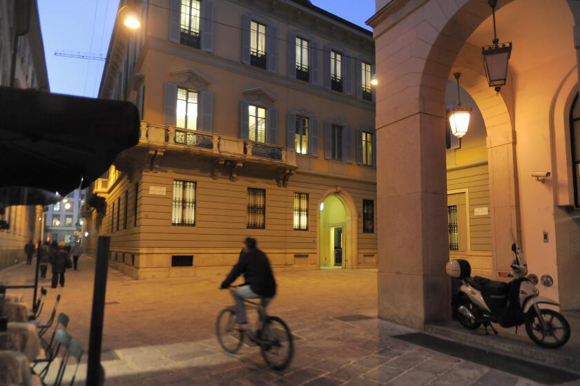 Milan (Italy), headquarters of the investment bank Mediobanca in  Filodrammatici street and Cuccia square