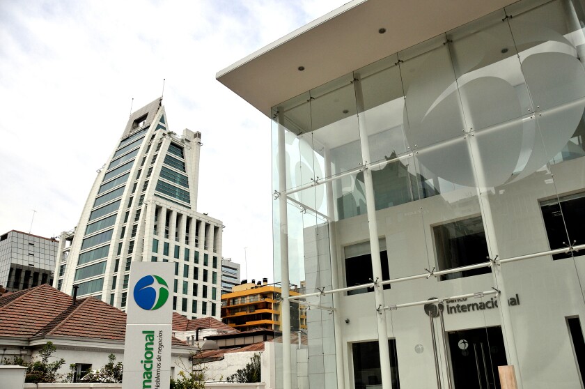 Modern buildings and bank, Banco Internacional, Santiago, Chile