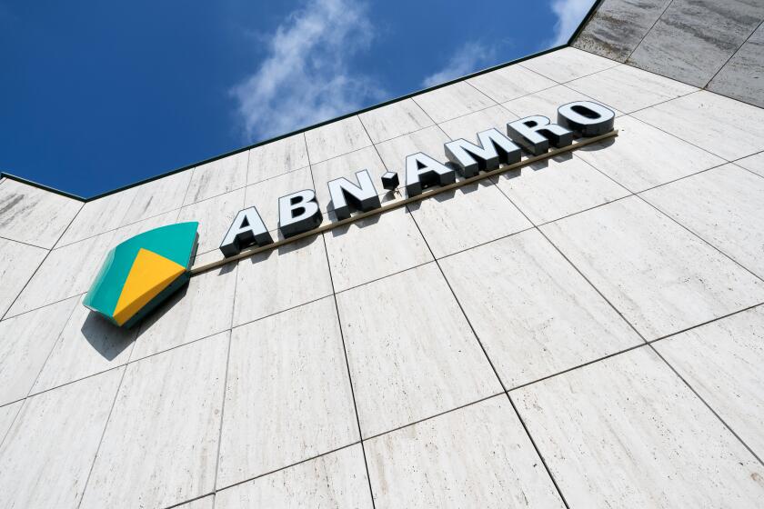 ABN AMRO sign at branch. ABN AMRO is the third-largest bank in the Netherlands.