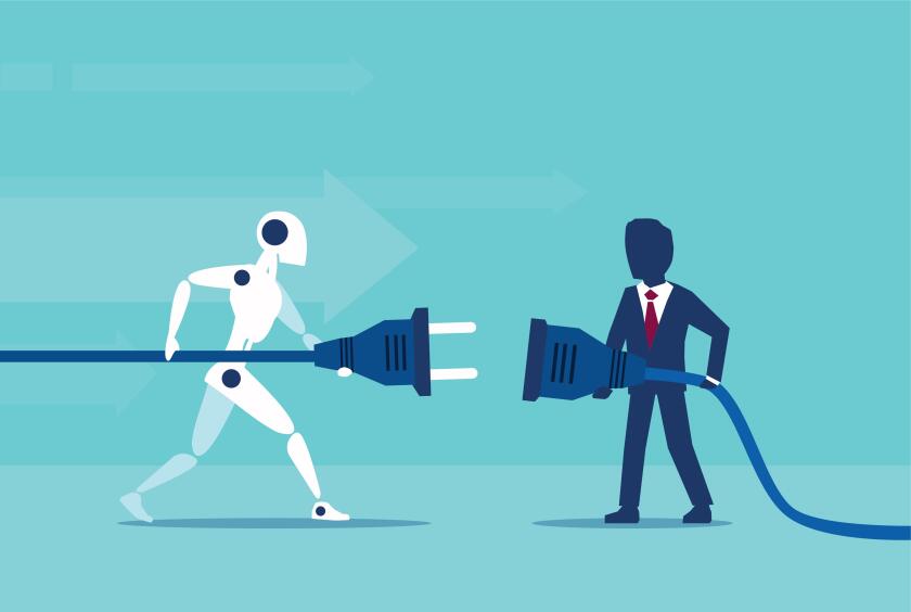 Business optimization using automation concept. Vector of a businessman cooperation with a robot