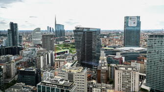 Milan, Italy - June 7, 2023: an aerial view of the new Porta Nuova district of downtown Milan.