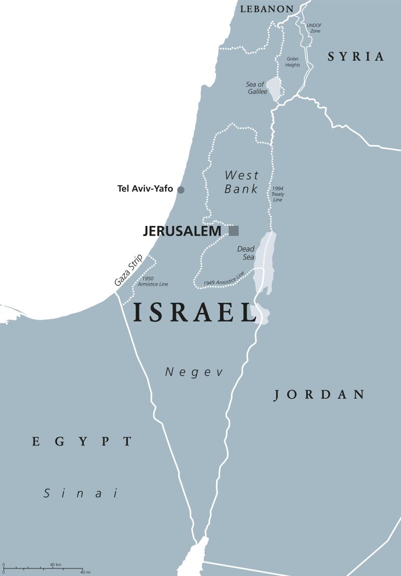 Israel political map with capital Jerusalem and neighbors. State of Israel, country in Middle East with Palestinian territories.