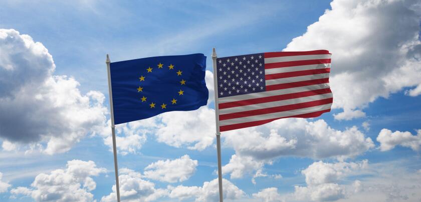 USA and European Union flags, Alliance.  sky background.