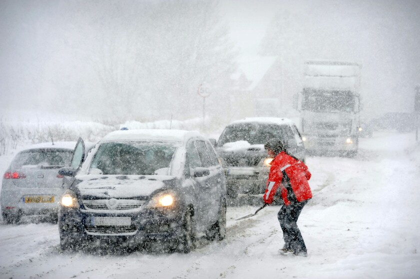 Traffic caught in blizzard conditions on the A436 near Andoversford Gloucestershire 18 Dec 2010