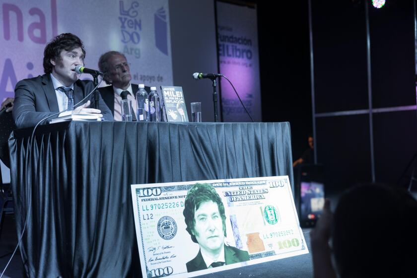 Buenos Aires, Argentina. 14th May 2023. Presidential candidate Javier Milei presented his book El fin de la inflacion (The End of Inflation) at the 47th International Book Fair. (Credit: Esteban Osorio/Alamy Live News)