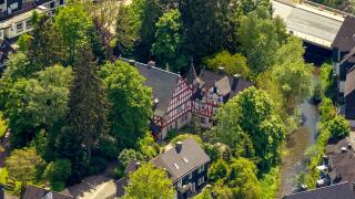 Aerial view, Ludwigsburg, red and white half-timbered house near Canal Street and Emil-Wolff-StraBe, Bad Berleburg, Siegen-Wittg
