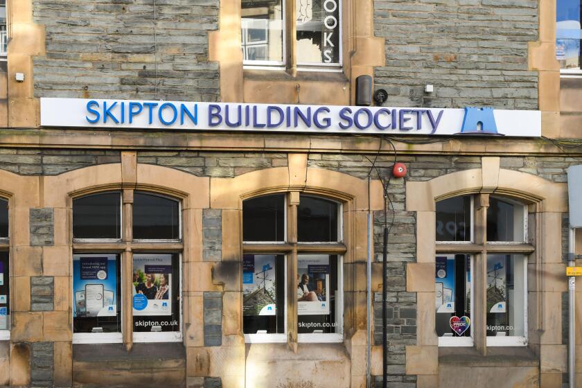 Skipton Building Society branch building and sign, Keswick, Cumbria, England, UK
