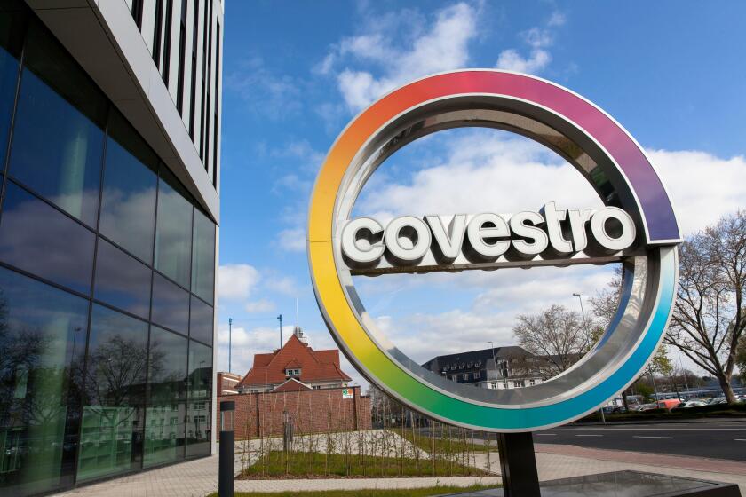 headquarters of the Covestro AG, producer of a variety of polyurethane and polycarbonate based raw materials, company logo, Chempark, Leverkusen, Nort
