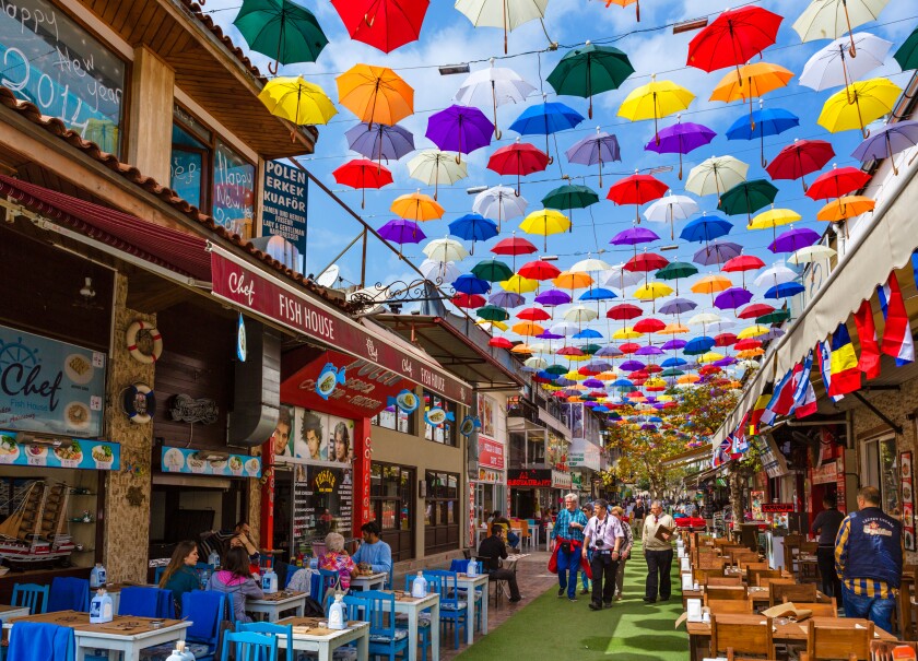 Restaurants on Umbrella Street (2 Inonu Caddesi), Kaleici, Antalya, Turkey