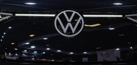 Riga, Latvia, April 28, 2023: Volkswagen emblem on new minivann ID. BUZZ, close-up
