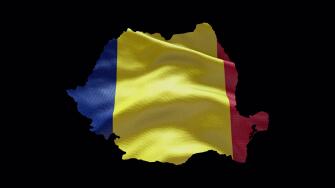 Romania map shape with waving flag background. Alpha channel outline of country.