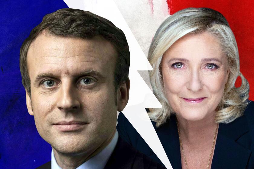 Emmanuel Macron and Marine Le Pen with the French flag