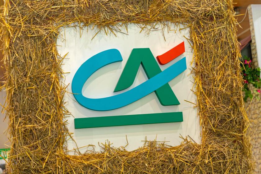 Novi Sad, Serbia - May 11, 2019: Credit Agricole Bank Logo in Hay at Agriculture Fair in Novi Sad, Serbia.