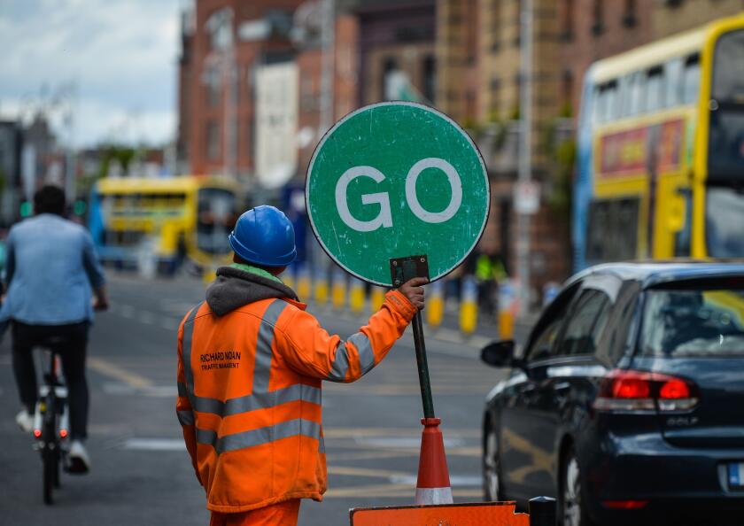 A member of a traffic management team seen in Dublin city center during the final days of the COVID-19 lockdown. On Saturday, 8 May 2021, in Dublin, Ireland. (Photo by Artur Widak/NurPhoto)