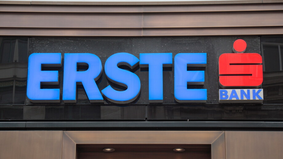 The logo for the Erste Bank above a branch in Vienna (Wien), Austria.