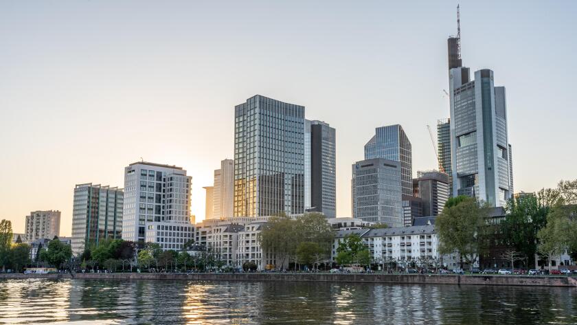 frankfurt skyline at golden hour with sunset, frankfurt, hesse, germany