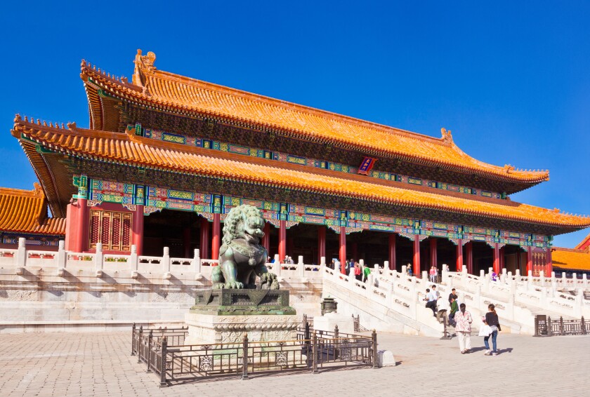 Male bronze lion in front of the Gate of Supreme Harmony Outer Court Forbidden City Beijing Peoples Republic of China PRC Asia