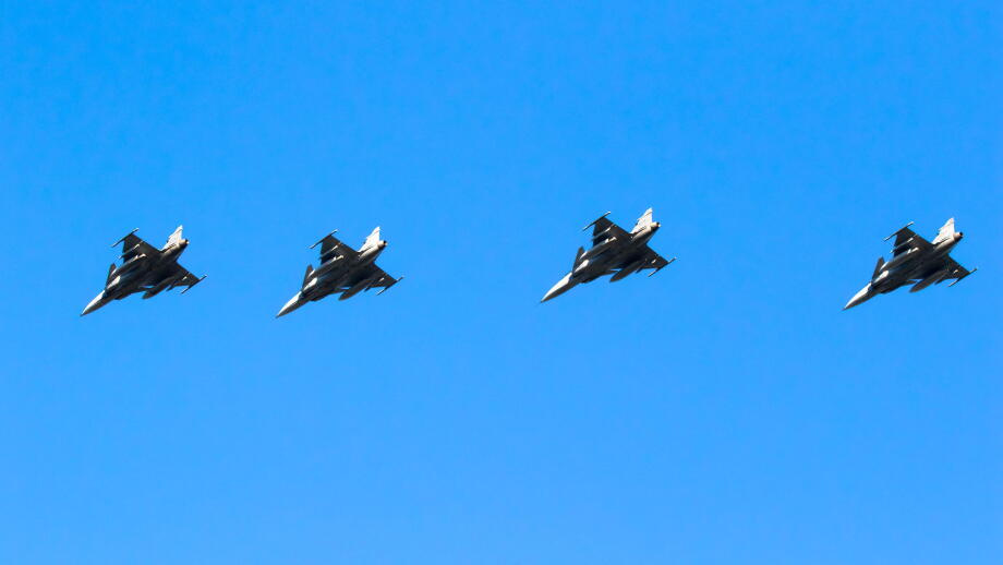 SAAB JAS-39 Gripen from the Swedish Air Force in flight over Leeuwarden Air Base during NATO exercise Ramstein Flag. Leeuwarden, The Netherlands - Apr
