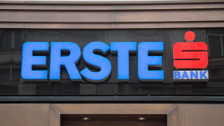 The logo for the Erste Bank above a branch in Vienna (Wien), Austria.